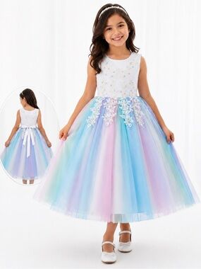Jona Michelle Pastel Rainbow Tulle Flower Girl Dress size 6-7